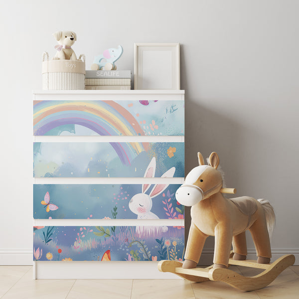Möbelfolie passend für IKEA Malm Kommode Hase mit Regenbogen Schrankfolie - Sunnywall - Individualität trifft Design