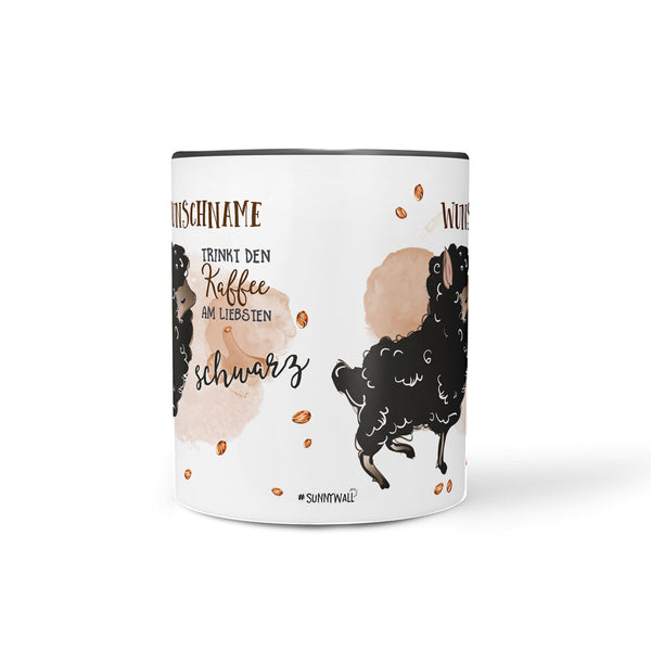 Schaf Kaffee schwarz mit Wunschname - niedlicher Kaffeebecher - Sunnywall - Individualität trifft Design