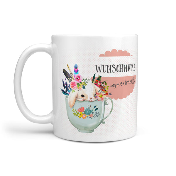 Hase in Tasse mit Wunschname - niedlicher Kaffeebecher - Sunnywall - Individualität trifft Design