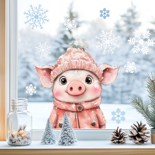 Fensterbild niedliches Schweinchen mit Wintermütze | Winterliche Fensterbild Dekoration A2 B-Ware - Sunnywall - Individualität trifft Design
