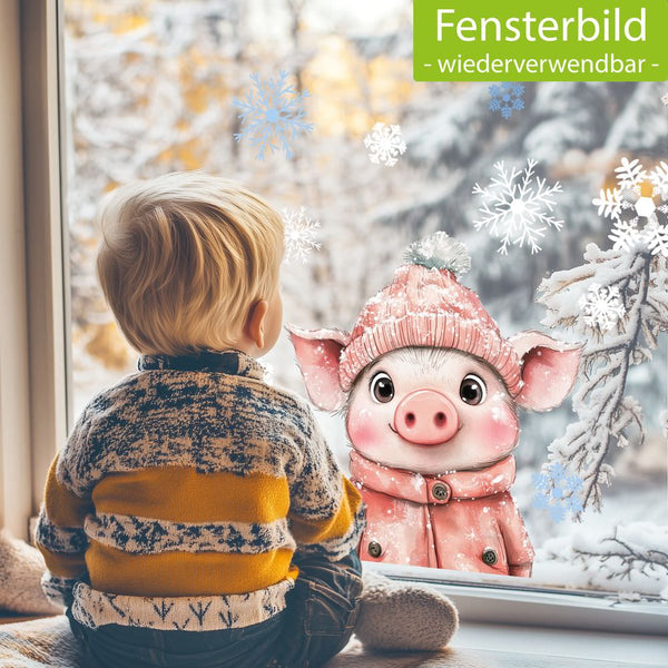Fensterbild niedliches Schweinchen mit Wintermütze | Winterliche Fensterbild Dekoration A2 B-Ware - Sunnywall - Individualität trifft Design