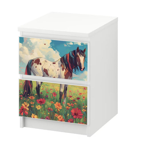 Möbelfolie passend für IKEA Malm Kommode Pferd auf Blumenwiese Schrankfolie - Sunnywall - Individualität trifft Design