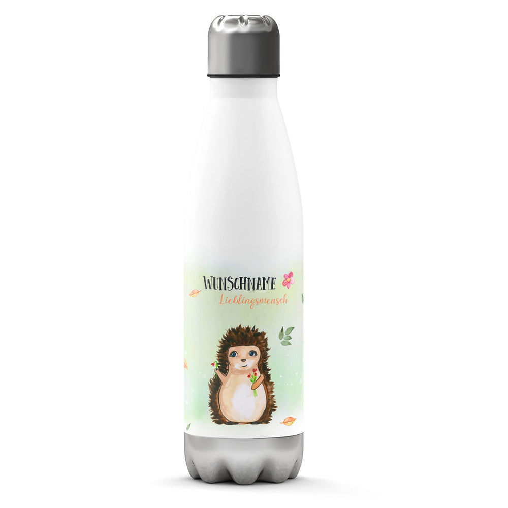 Thermosflasche 500 ml – Wunschname als Lieblingsmensch mit Igel & Blumenstrauß - Sunnywall - Individualität trifft Design