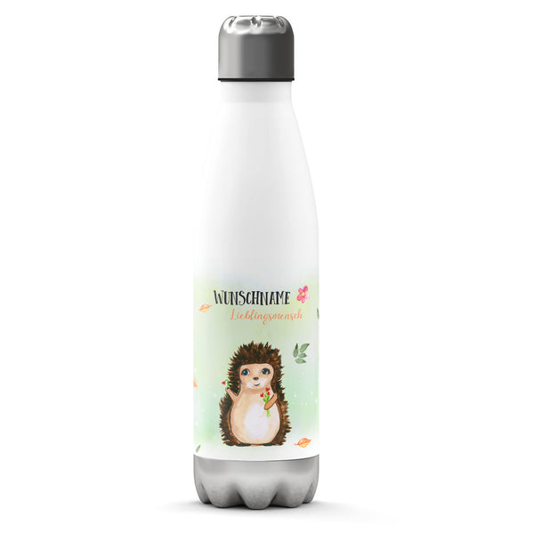 Thermosflasche 500 ml – Wunschname als Lieblingsmensch mit Igel & Blumenstrauß - Sunnywall - Individualität trifft Design