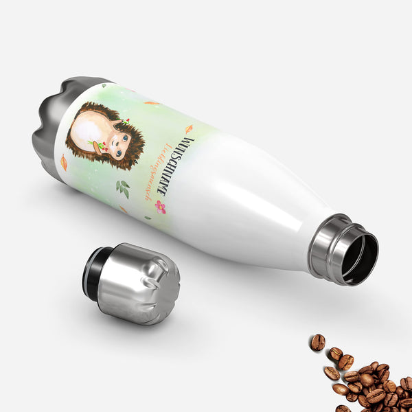 Thermosflasche 500 ml – Wunschname als Lieblingsmensch mit Igel & Blumenstrauß - Sunnywall - Individualität trifft Design