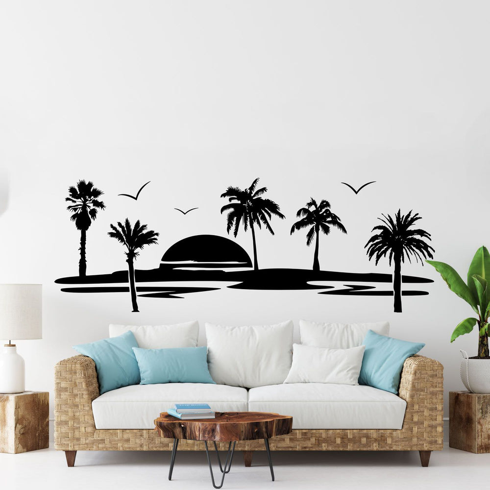 Wandtattoo Karibik Strand Skyline – Traumhafter Sonnenuntergang mit Palmen & Vögeln | Karibik-Flair für dein Zuhause - Sunnywall - Individualität trifft Design