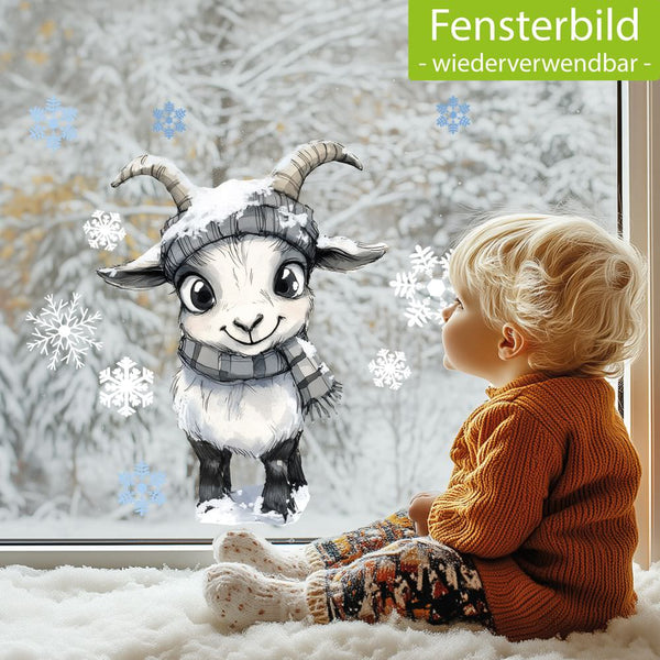 Fensterbild  niedliche Ziege mit Schal  Winterliche Fensterbild Dekoration A2 | B-Ware - Sunnywall - Individualität trifft Design
