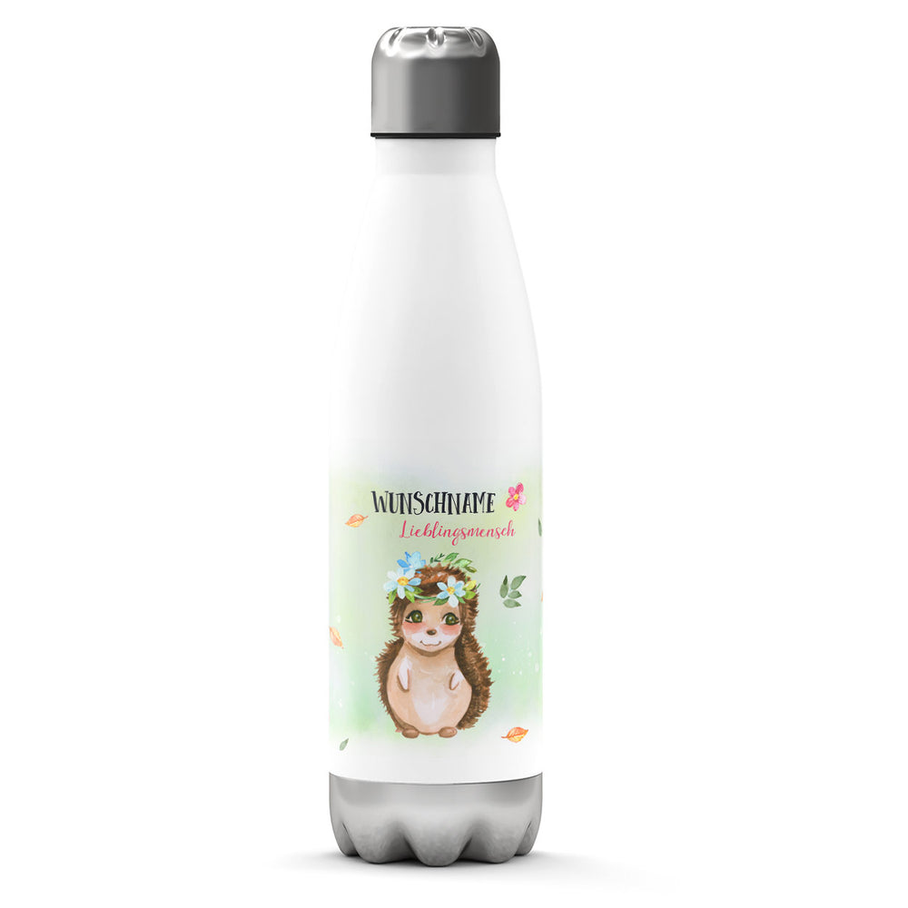 Thermosflasche 500 ml – Wunschname als Lieblingsmensch mit Igel & Blumenkranz - Sunnywall - Individualität trifft Design