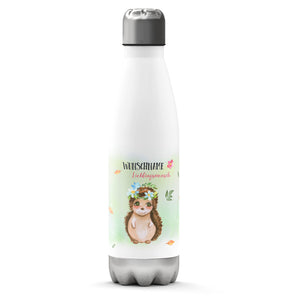 Thermosflasche 500 ml – Wunschname als Lieblingsmensch mit Igel & Blumenkranz - Sunnywall - Individualität trifft Design