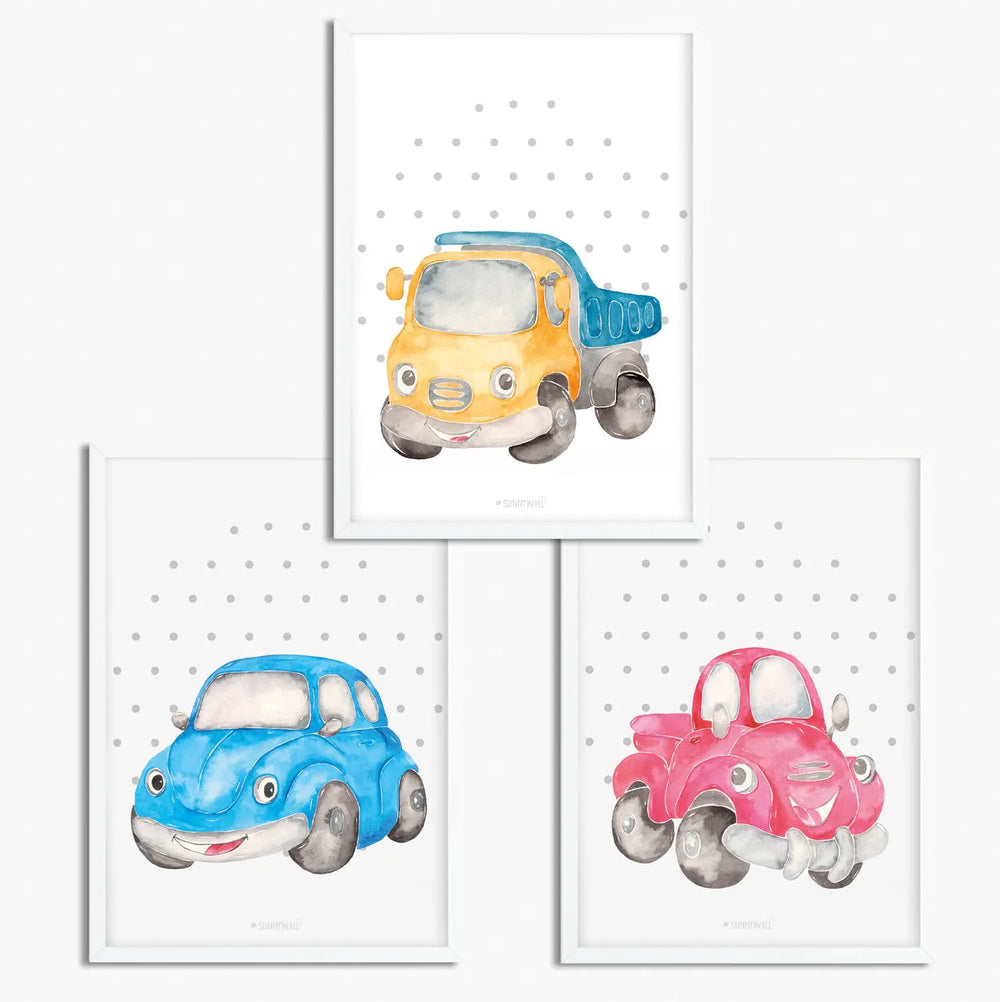 3er Set Auto cars Poster Kinderzimmer - A4 Bilder Babyzimmer Kinderposter Sunnywall