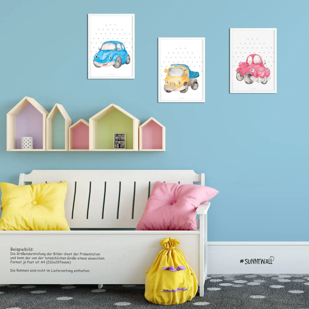 3er Set Auto cars Poster Kinderzimmer - A4 Bilder Babyzimmer Kinderposter Sunnywall