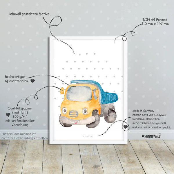 3er Set Auto cars Poster Kinderzimmer - A4 Bilder Babyzimmer Kinderposter Sunnywall