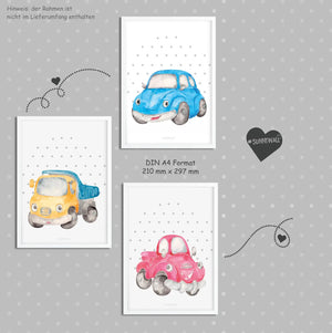 3er Set Auto cars Poster Kinderzimmer - A4 Bilder Babyzimmer Kinderposter Sunnywall