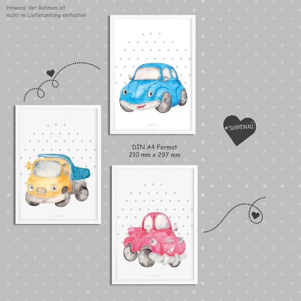 3er Set Auto cars Poster Kinderzimmer - A4 Bilder Babyzimmer Kinderposter Sunnywall