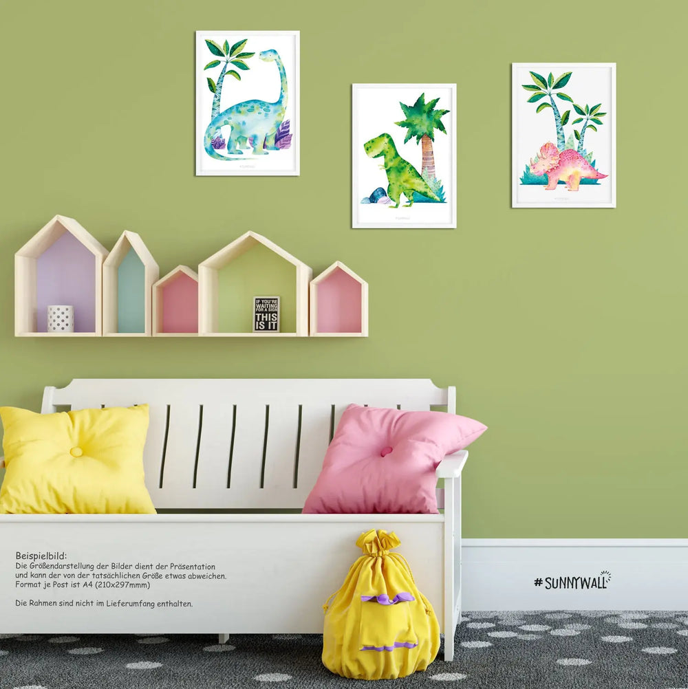 3er Set Dino Kids Dinosaurier T-Rex Brachiosaurus Triceratops Poster Kinderzimmer - A4 Bilder Babyzimmer Kinderposter Sunnywall