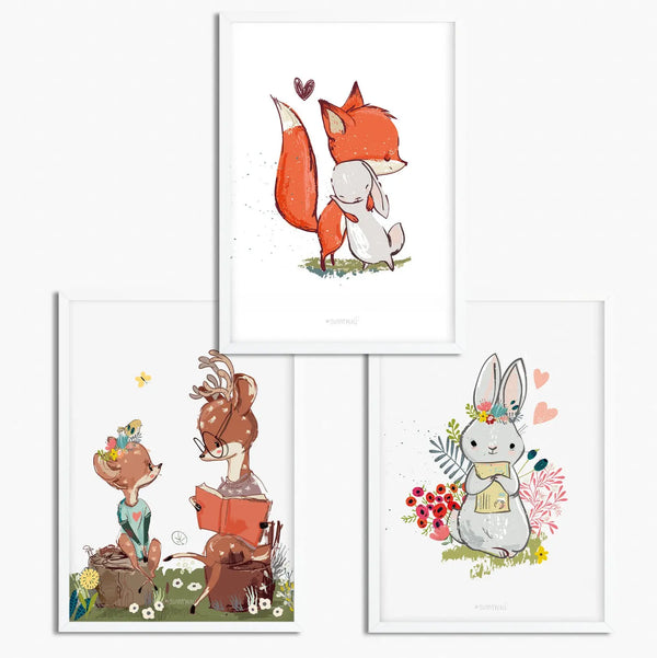 3er Set Fuchs Hase Reh Waldtiere Poster Kinderzimmer - A4 Bilder Babyzimmer Kinderposter Sunnywall