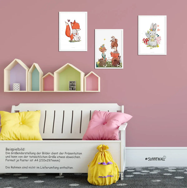 3er Set Fuchs Hase Reh Waldtiere Poster Kinderzimmer - A4 Bilder Babyzimmer Kinderposter Sunnywall