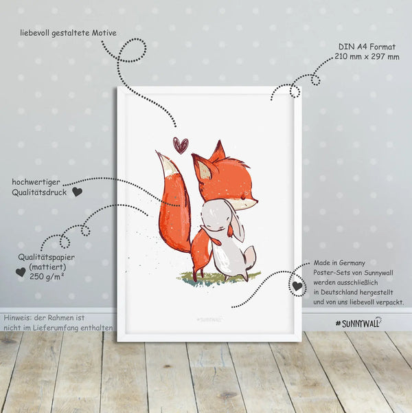 3er Set Fuchs Hase Reh Waldtiere Poster Kinderzimmer - A4 Bilder Babyzimmer Kinderposter Sunnywall