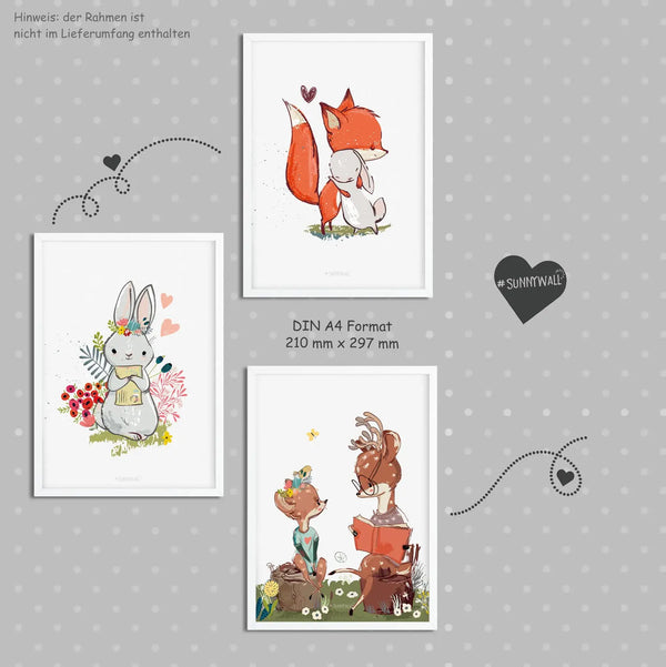 3er Set Fuchs Hase Reh Waldtiere Poster Kinderzimmer - A4 Bilder Babyzimmer Kinderposter Sunnywall