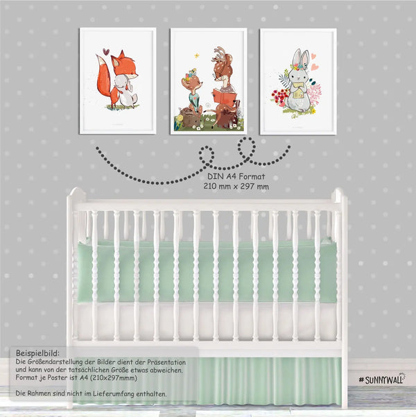 3er Set Fuchs Hase Reh Waldtiere Poster Kinderzimmer - A4 Bilder Babyzimmer Kinderposter Sunnywall