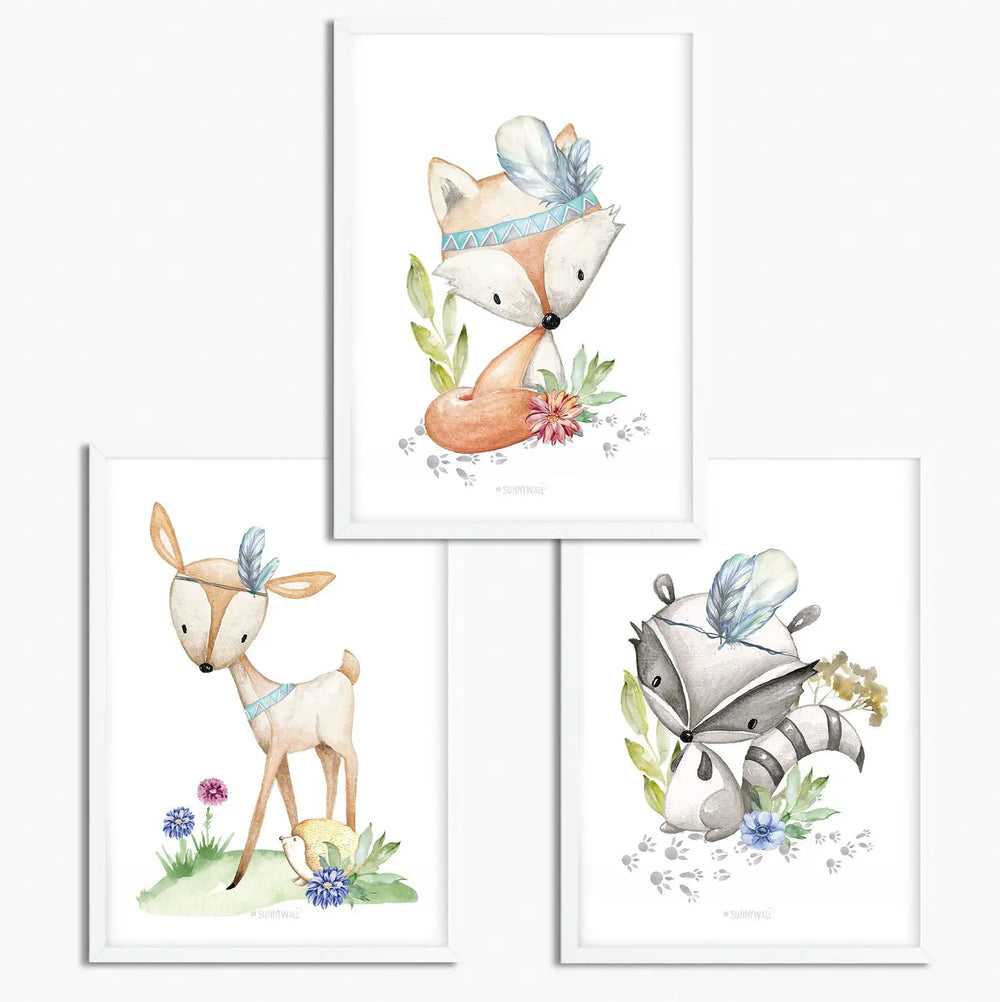 3er Set Fuchs Reh Dachs Waldtiere - A4 Bilder Babyzimmer Kinderposter Sunnywall