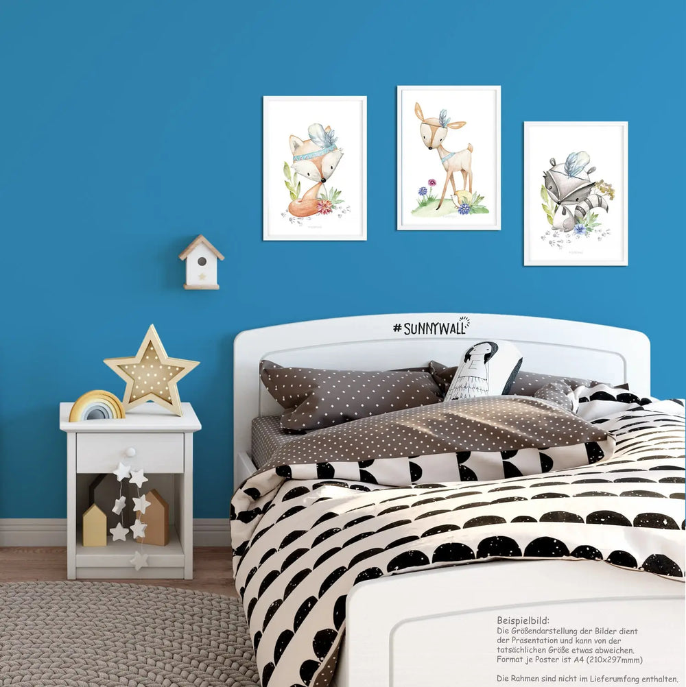 3er Set Fuchs Reh Dachs Waldtiere - A4 Bilder Babyzimmer Kinderposter Sunnywall