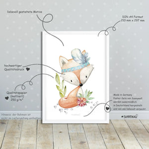 3er Set Fuchs Reh Dachs Waldtiere - A4 Bilder Babyzimmer Kinderposter Sunnywall
