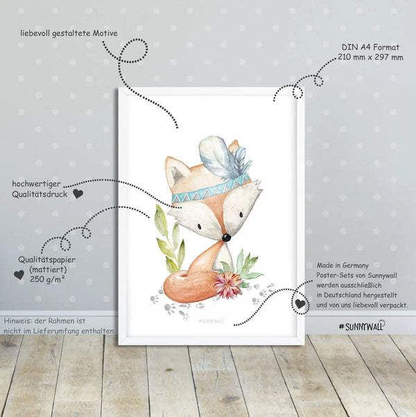 3er Set Fuchs Reh Dachs Waldtiere - A4 Bilder Babyzimmer Kinderposter Sunnywall