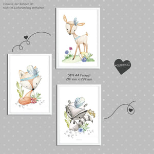3er Set Fuchs Reh Dachs Waldtiere - A4 Bilder Babyzimmer Kinderposter Sunnywall