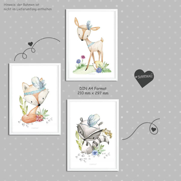 3er Set Fuchs Reh Dachs Waldtiere - A4 Bilder Babyzimmer Kinderposter Sunnywall
