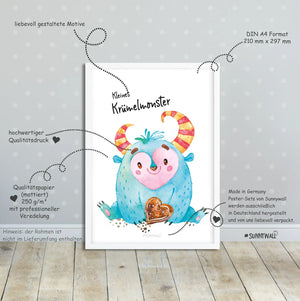 3er Set Monster Krümelmonster Kuschelmonster Poster A4 Sunnywall