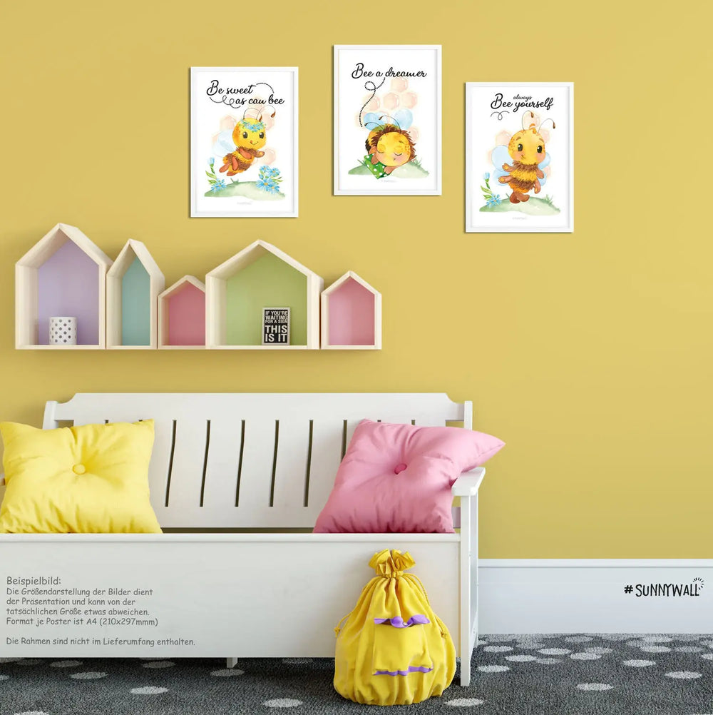 3er Set zauberhafte Bienen Poster Kinderzimmer - A4 - Bilder Kinderzimmer Sunnywall