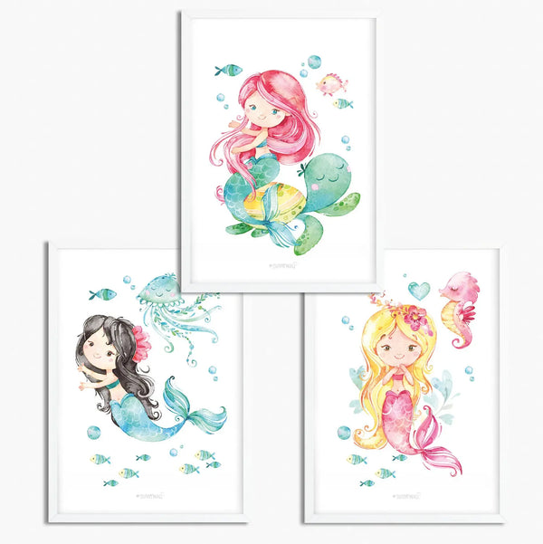 3er Set zauberhafte Meerjungfrauen Poster Kinderzimmer - A4 - Bilder Kinderzimmer Sunnywall