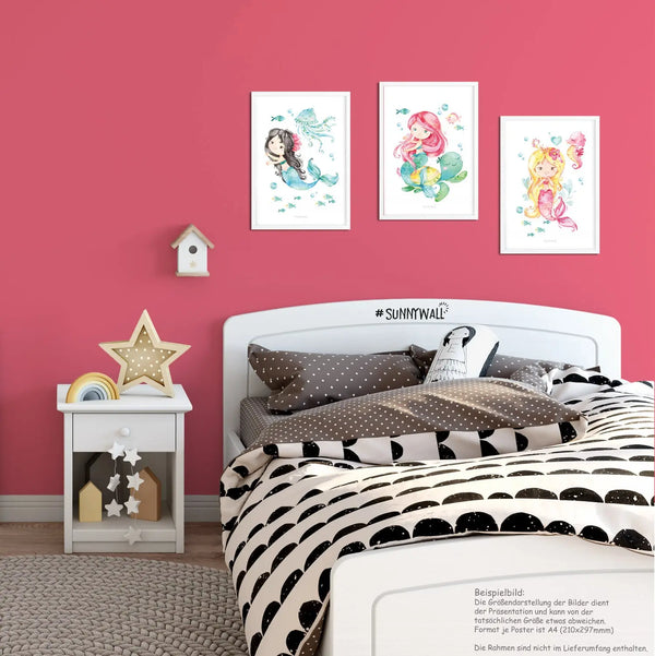 3er Set zauberhafte Meerjungfrauen Poster Kinderzimmer - A4 - Bilder Kinderzimmer Sunnywall