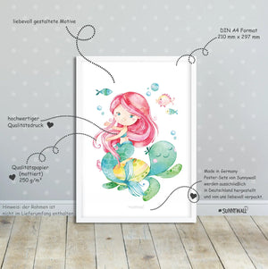 3er Set zauberhafte Meerjungfrauen Poster Kinderzimmer - A4 - Bilder Kinderzimmer Sunnywall