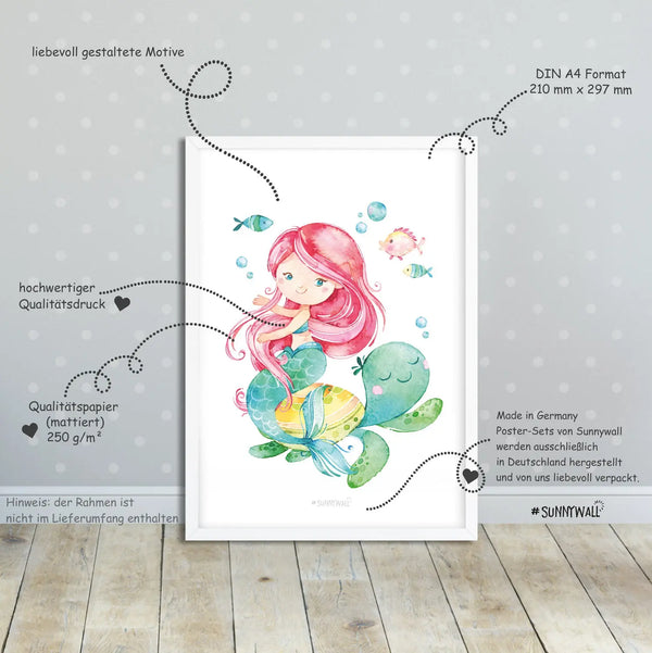 3er Set zauberhafte Meerjungfrauen Poster Kinderzimmer - A4 - Bilder Kinderzimmer Sunnywall