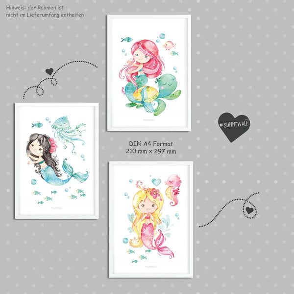 3er Set zauberhafte Meerjungfrauen Poster Kinderzimmer - A4 - Bilder Kinderzimmer Sunnywall