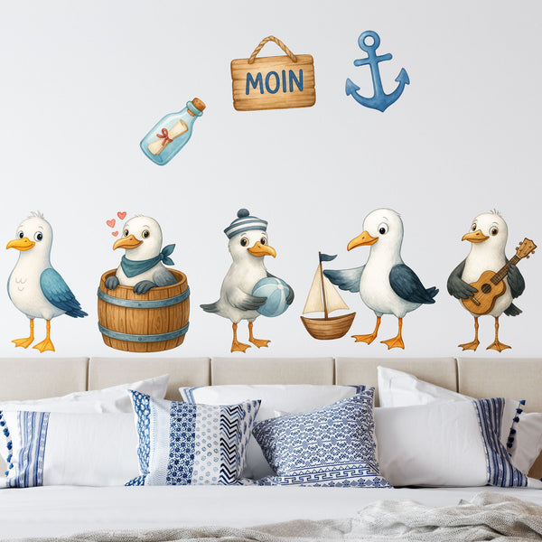 Wandtattoo Maritim Möwen – Buntes Wandsticker Set mit Anker, Flasche, Gitarre & Segelboot für Kinderzimmer