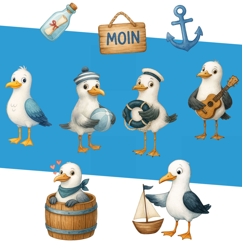 Wandtattoo Maritim Möwen – Buntes Wandsticker Set mit Anker, Flasche, Gitarre & Segelboot für Kinderzimmer