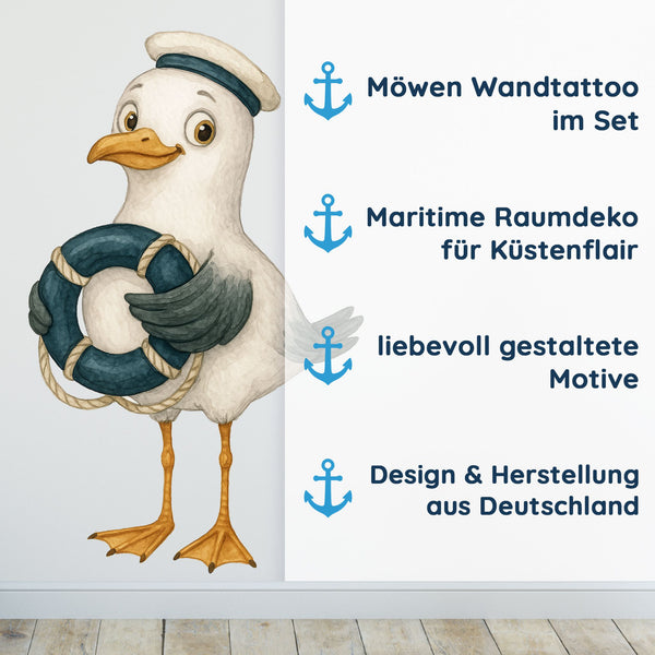 Wandtattoo Maritim Möwen – Buntes Wandsticker Set mit Anker, Flasche, Gitarre & Segelboot für Kinderzimmer