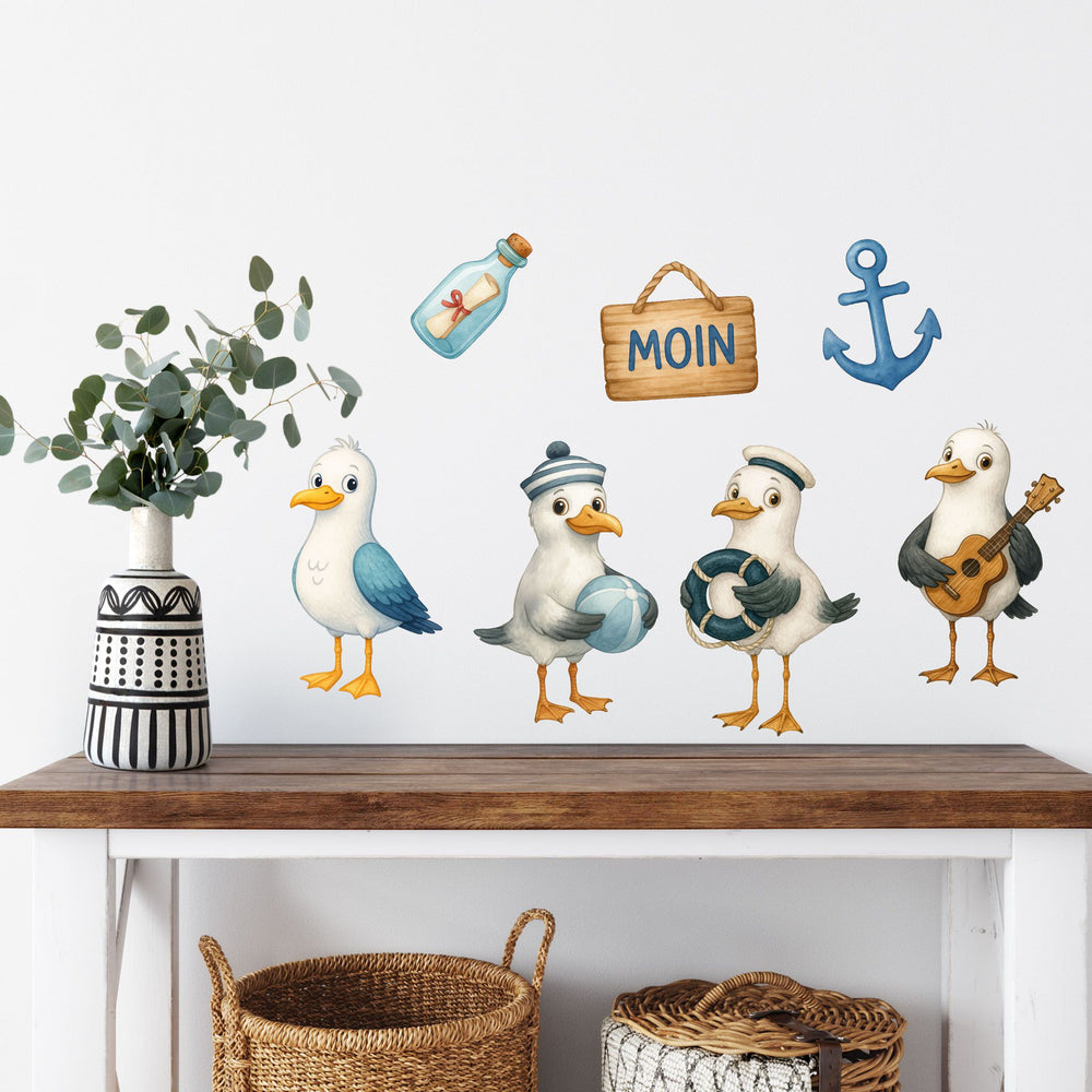 Wandtattoo Maritim Möwen – Buntes Wandsticker Set mit Anker, Flasche, Gitarre & Segelboot für Kinderzimmer