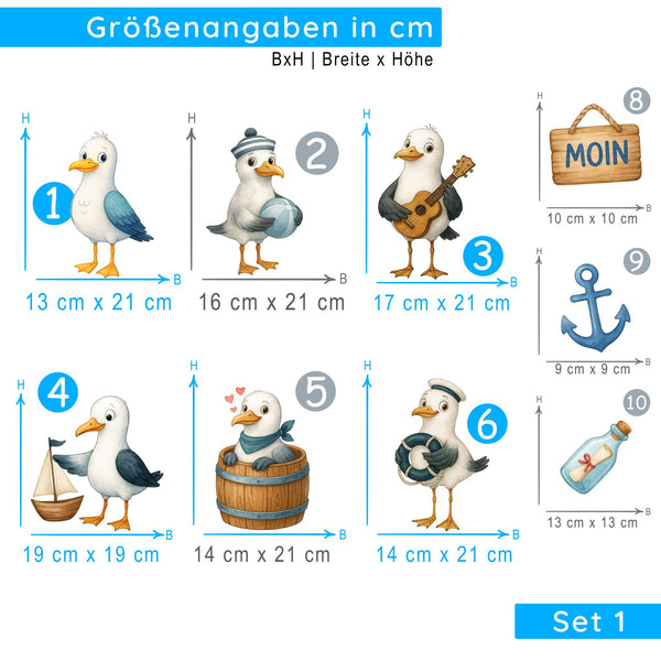 Wandtattoo Maritim Möwen – Buntes Wandsticker Set mit Anker, Flasche, Gitarre & Segelboot für Kinderzimmer