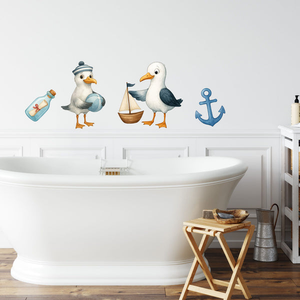 Wandtattoo Maritim Möwen – Buntes Wandsticker Set mit Anker, Flasche, Gitarre & Segelboot für Kinderzimmer