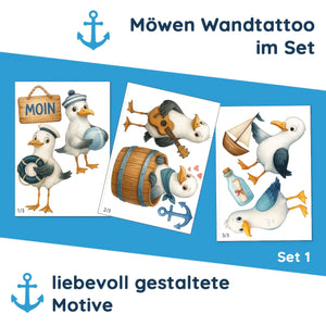 Wandtattoo Maritim Möwen – Buntes Wandsticker Set mit Anker, Flasche, Gitarre & Segelboot für Kinderzimmer