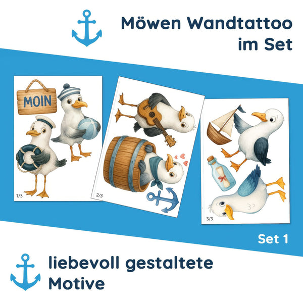 Wandtattoo Maritim Möwen – Buntes Wandsticker Set mit Anker, Flasche, Gitarre & Segelboot für Kinderzimmer