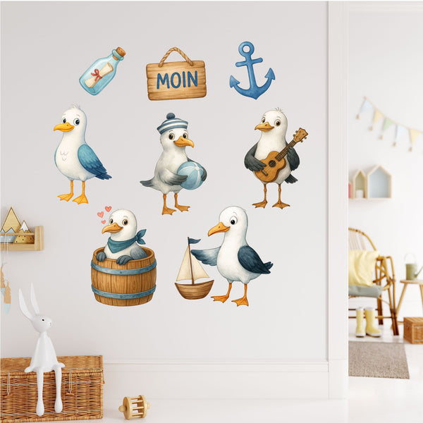Wandtattoo Maritim Möwen – Buntes Wandsticker Set mit Anker, Flasche, Gitarre & Segelboot für Kinderzimmer