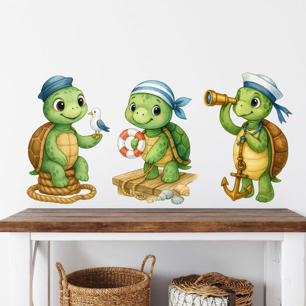 Wandtattoo Maritim Schildkröte – Wandsticker Set mit Fernrohr, Anker & Rettungsring für Kinderzimmer & maritime Dekoration