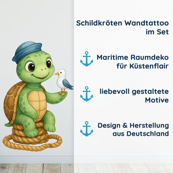 Wandtattoo Maritim Schildkröte – Wandsticker Set mit Fernrohr, Anker & Rettungsring für Kinderzimmer & maritime Dekoration