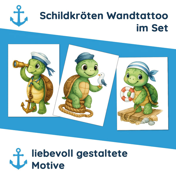Wandtattoo Maritim Schildkröte – Wandsticker Set mit Fernrohr, Anker & Rettungsring für Kinderzimmer & maritime Dekoration