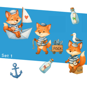 Wandtattoo Maritim Fuchs – Buntes Wandsticker Set mit Papierboot, Fischwagen & Anker für Kinderzimmer & maritime Dekoration